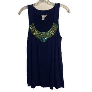 Boston Proper Top Size Small blue beaded scoop neck stretch
